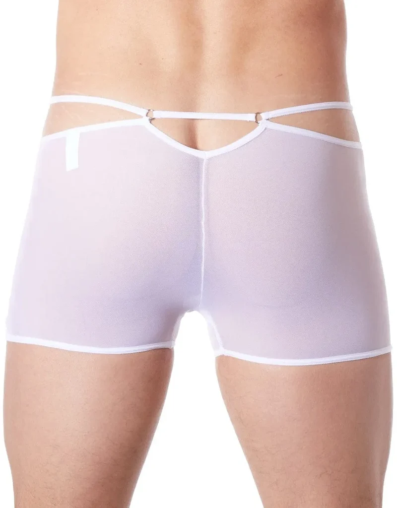 Boxer sensuel blanc homme tissu brillant élégant confortable moulant transparent maille fine extensible maintien raffiné glamour