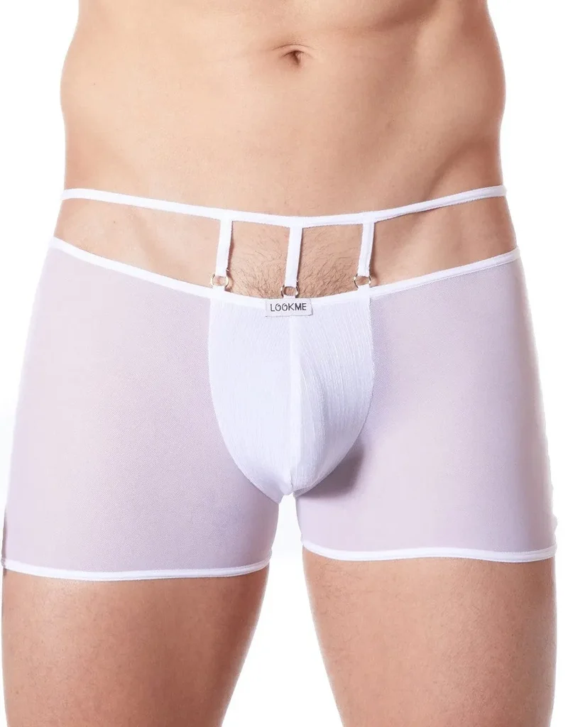 Boxer sensuel blanc homme tissu brillant élégant confortable moulant transparent maille fine extensible maintien raffiné glamour