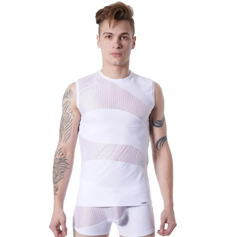 Débardeur Sexy Blanc Transparent Homme Col Rond Sans Manches Rayures Subtiles Zones Opaques Extensible Ajusté Confortable Audacieux Glamour