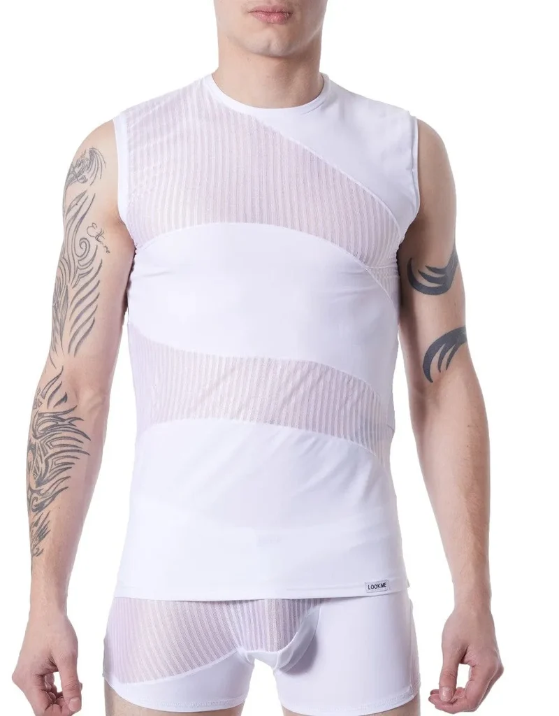 Débardeur Sexy Blanc Transparent Homme Col Rond Sans Manches Rayures Subtiles Zones Opaques Extensible Ajusté Confortable Audacieux Glamour