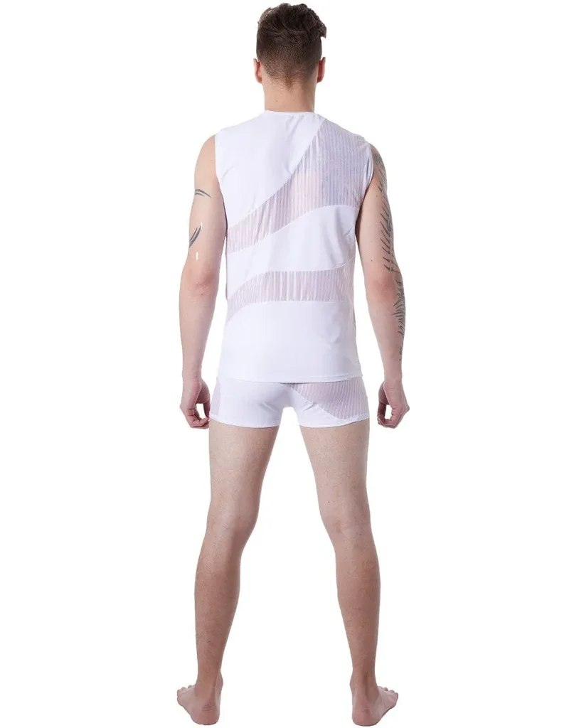 Débardeur Sexy Blanc Transparent Homme Col Rond Sans Manches Rayures Subtiles Zones Opaques Extensible Ajusté Confortable Audacieux Glamour