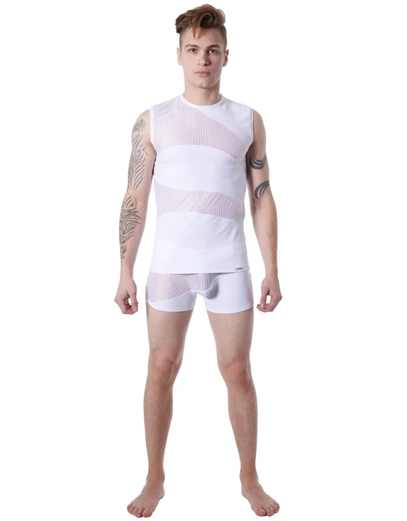 Débardeur Sexy Blanc Transparent Homme Col Rond Sans Manches Rayures Subtiles Zones Opaques Extensible Ajusté Confortable Audacieux Glamour