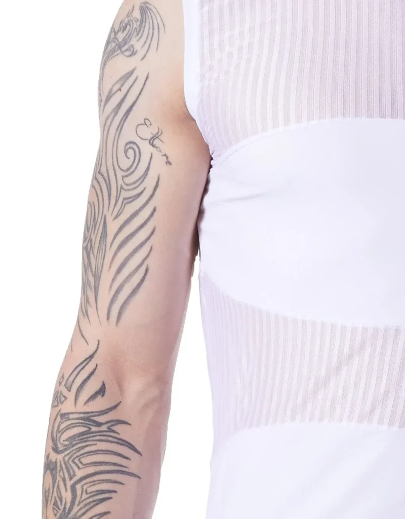 Débardeur Sexy Blanc Transparent Homme Col Rond Sans Manches Rayures Subtiles Zones Opaques Extensible Ajusté Confortable Audacieux Glamour