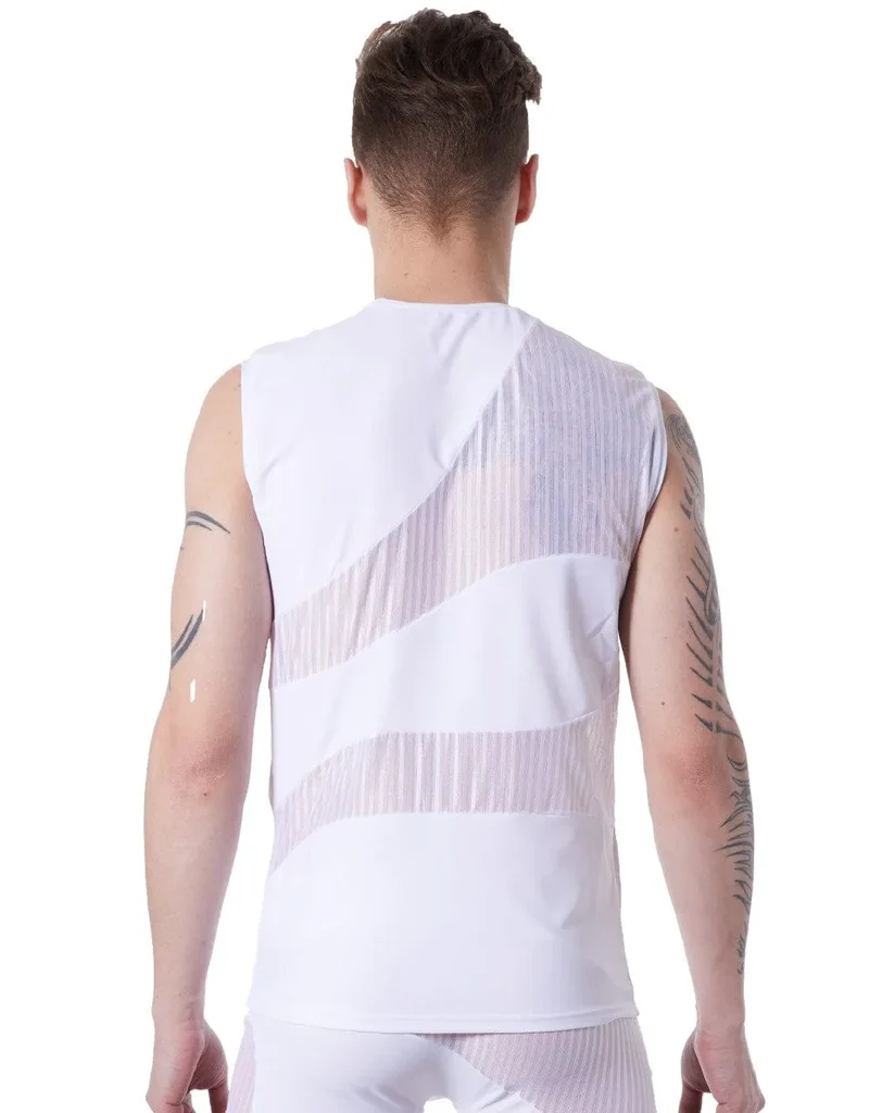 Débardeur Sexy Blanc Transparent Homme Col Rond Sans Manches Rayures Subtiles Zones Opaques Extensible Ajusté Confortable Audacieux Glamour