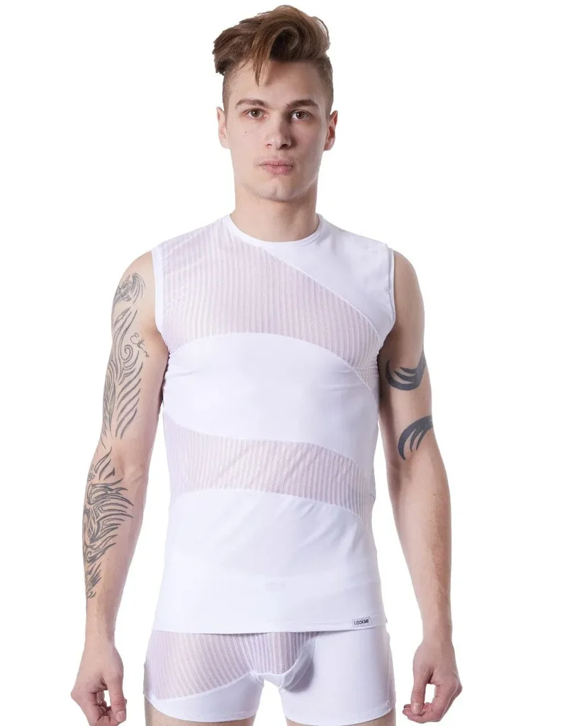 Débardeur Sexy Blanc Transparent Homme Col Rond Sans Manches Rayures Subtiles Zones Opaques Extensible Ajusté Confortable Audacieux Glamour