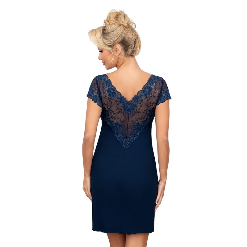 nuisette viscose délicate dentelle florale coupe ajustée élastique sous poitrine décolleté V manches courtes transparentes longueur mi cuisse bleu marine