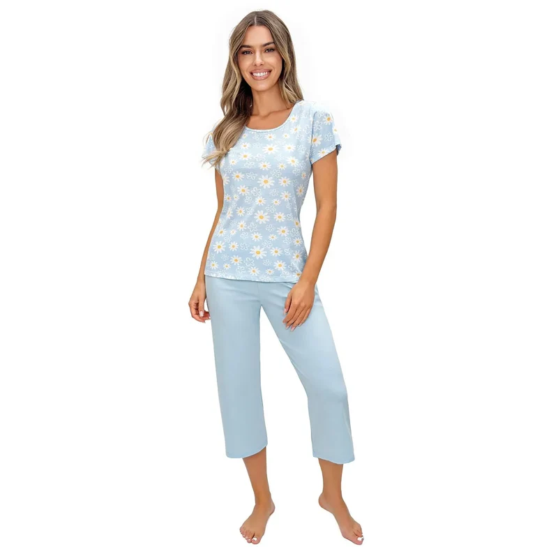 Pyjama femme coton élégant confortable manches courtes slim 3/4 taille élastique