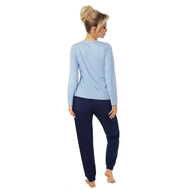 pyjama coton doux confortable manches longues motif étoiles col rond pantalon long chevilles élastiquées bleu marine fabriqué Pologne qualité supérieure