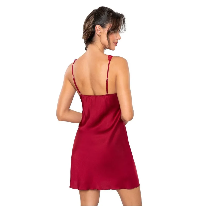 Chemise de nuit en satin soie dentelle ajustable bretelles longueur mi-cuisse rouge profond femmes lingerie élégance romantisme intime