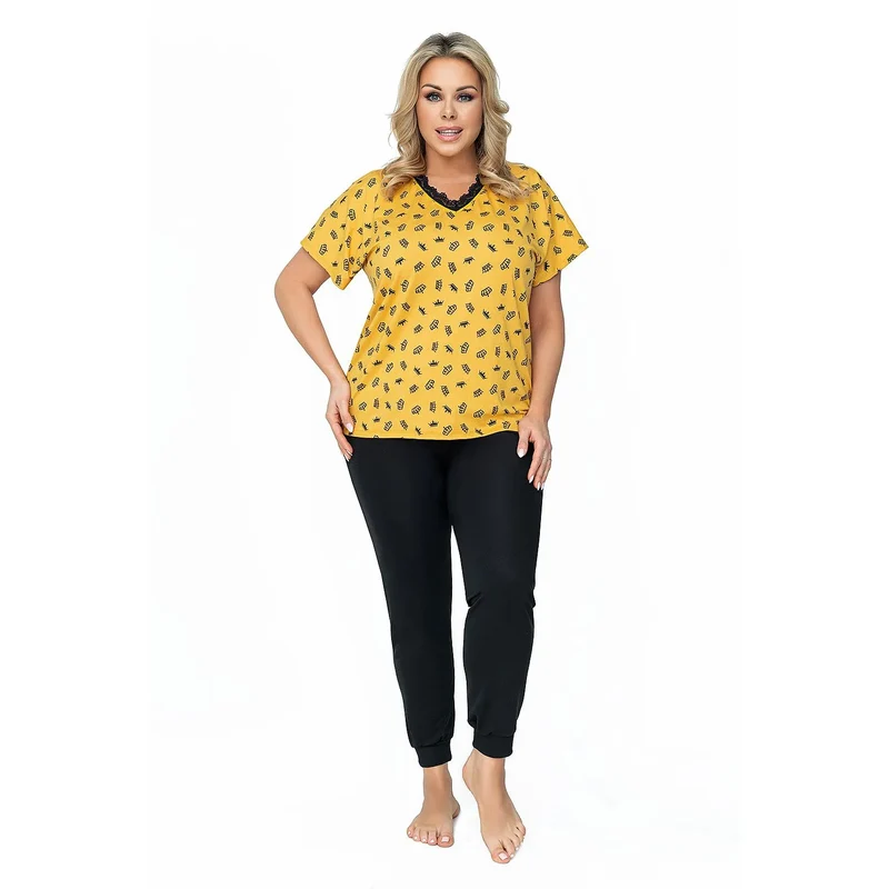 Pyjama Femme Élégant Manches Courtes Dentelle Noire Viscose Extensible Élasthanne Grande Taille 4XL 5XL 6XL Ceinture Élastiquée Col V