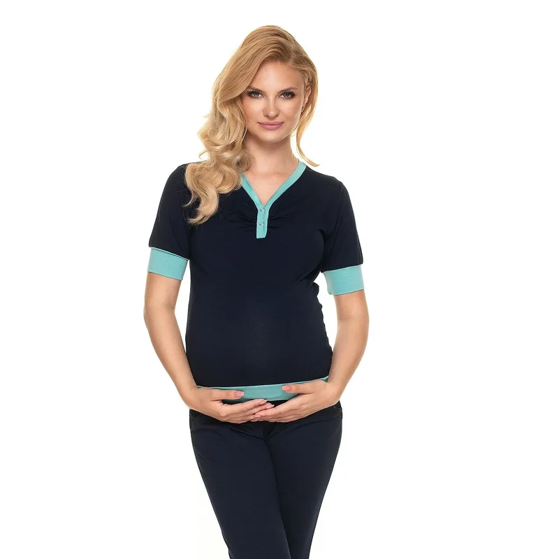 pyjama maternité allaitement confort stretch viscose élasthanne doux respirant chemise manches courtes col V boutons pantalon taille confortable bleu marine