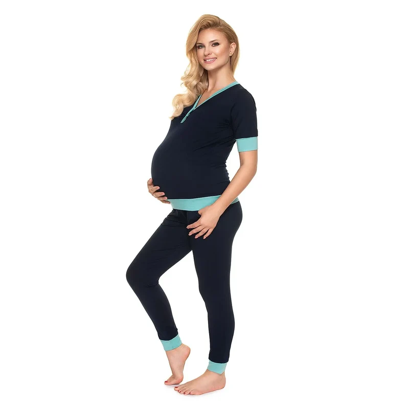 pyjama maternité allaitement confort stretch viscose élasthanne doux respirant chemise manches courtes col V boutons pantalon taille confortable bleu marine
