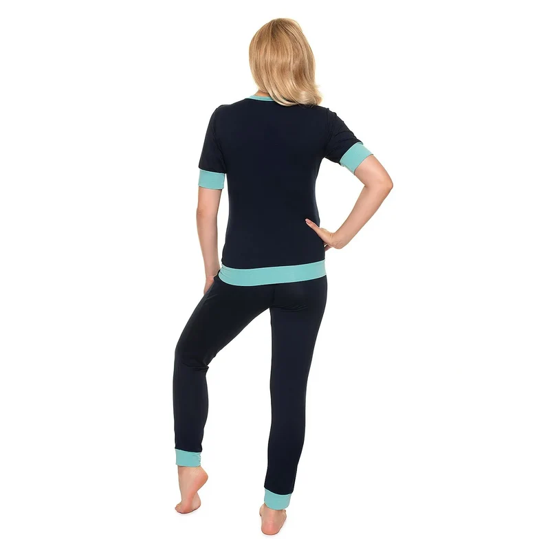pyjama maternité allaitement confort stretch viscose élasthanne doux respirant chemise manches courtes col V boutons pantalon taille confortable bleu marine
