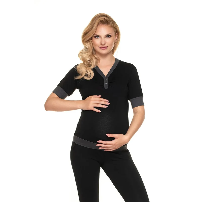 pyjama maternité allaitement PeeKaBoo confort extensible doux respirant viscose élasthanne boutons poitrine manches courtes encolureV pantalon ceinture élastique noir gris