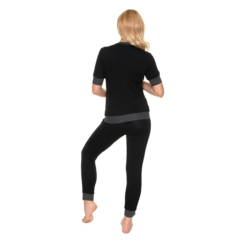 pyjama maternité allaitement PeeKaBoo confort extensible doux respirant viscose élasthanne boutons poitrine manches courtes encolureV pantalon ceinture élastique noir gris