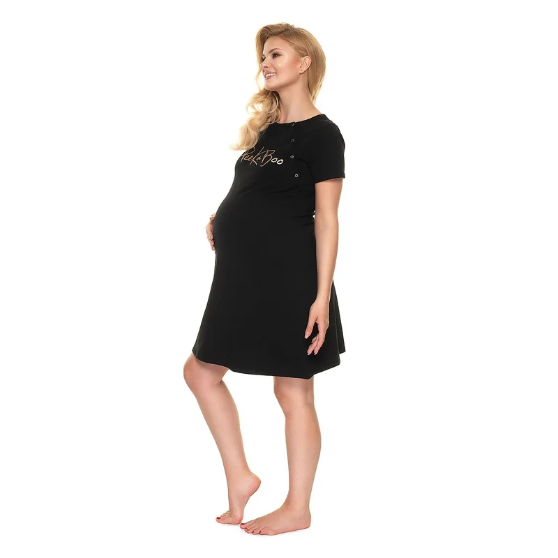 Chemise de nuit maternité fonction allaitement confortable élasthanne coton Pee Ka Boo robe noire logo doré S/M L/XL