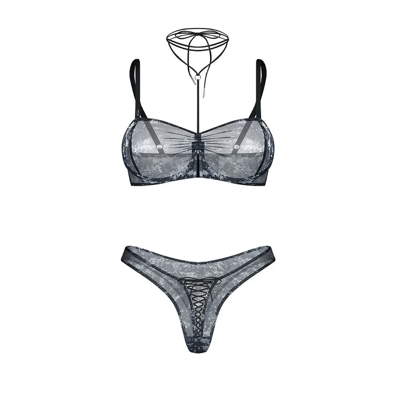 Ensemble lingerie moderne transparente mesh noir accents sensuels Corrosis