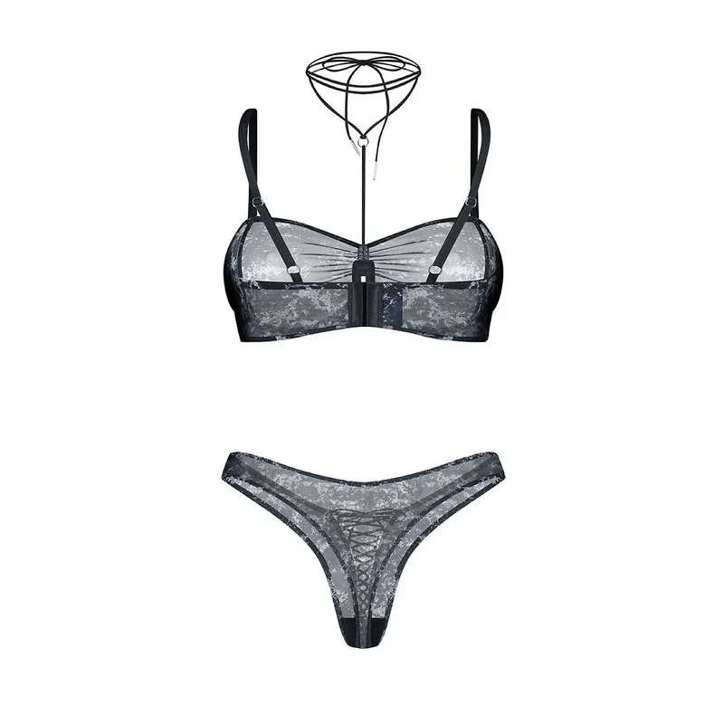 Ensemble lingerie moderne transparente mesh noir accents sensuels Corrosis