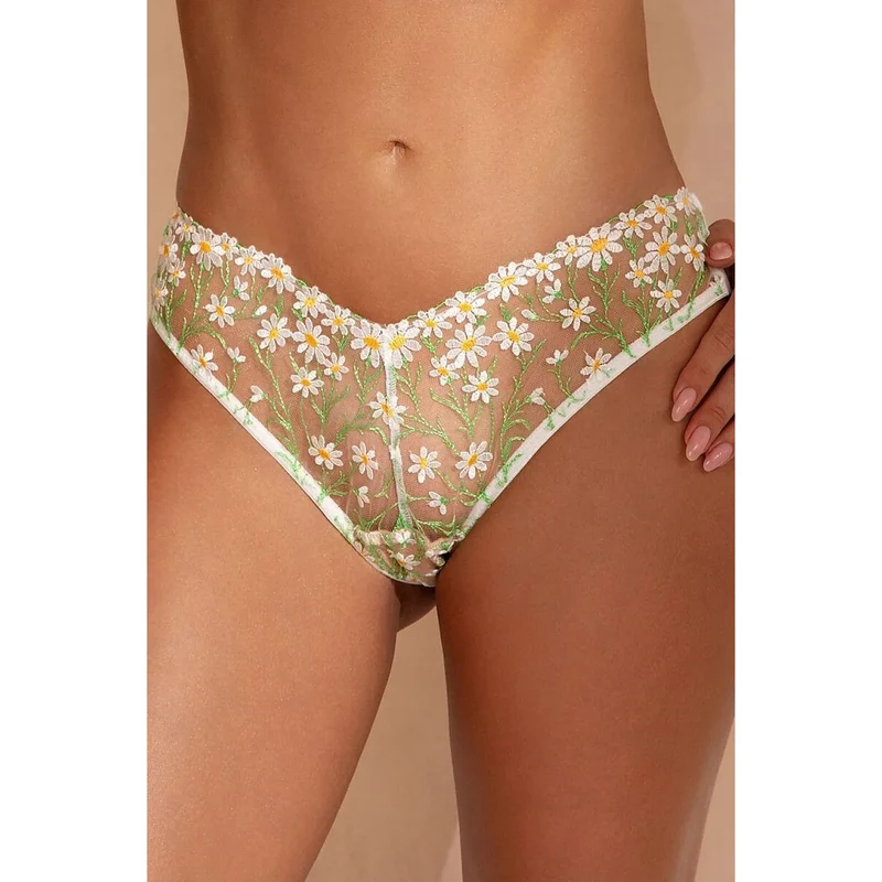 Culottes brésiliennes broderie camomille motif floral blanc transparent élégance féminine