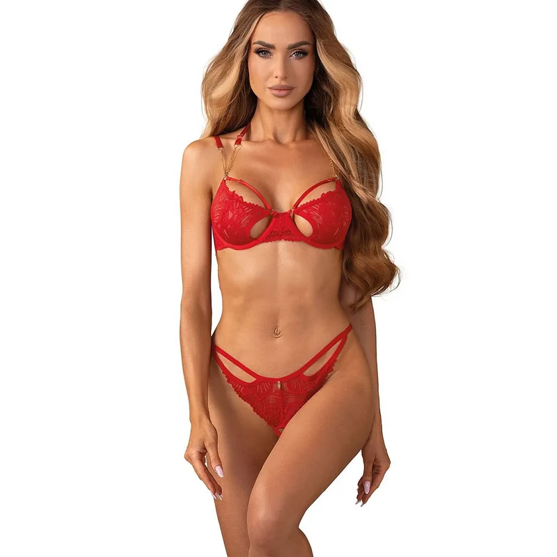 Ensemble lingerie luxe rouge dentelle chaînes dorées ajustable Matildea