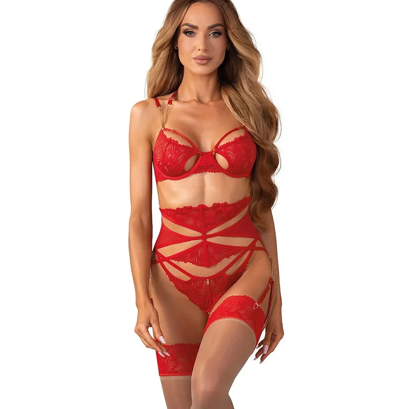 Ensemble lingerie luxe rouge dentelle chaînes dorées ajustable Matildea