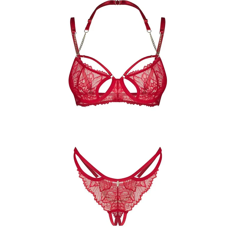 Ensemble lingerie luxe rouge dentelle chaînes dorées ajustable Matildea