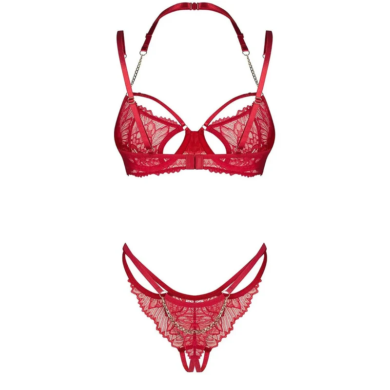Ensemble lingerie luxe rouge dentelle chaînes dorées ajustable Matildea
