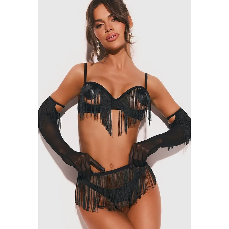 Ensemble lingerie sensuelle Rossay soutien-gorge ouvert string crotchless gants longs