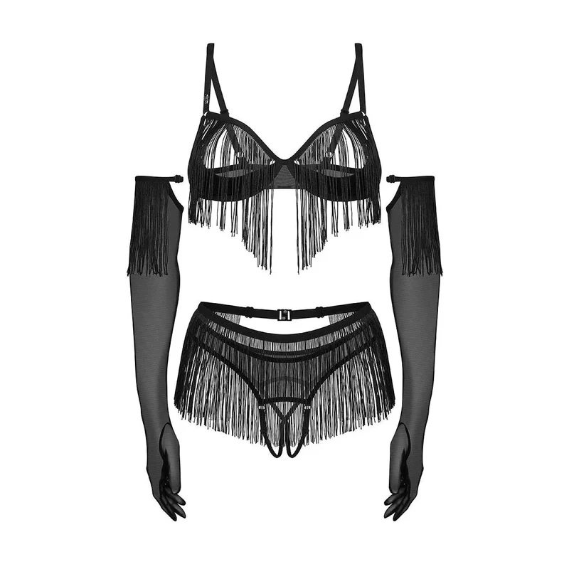 Ensemble lingerie sensuelle Rossay soutien-gorge ouvert string crotchless gants longs