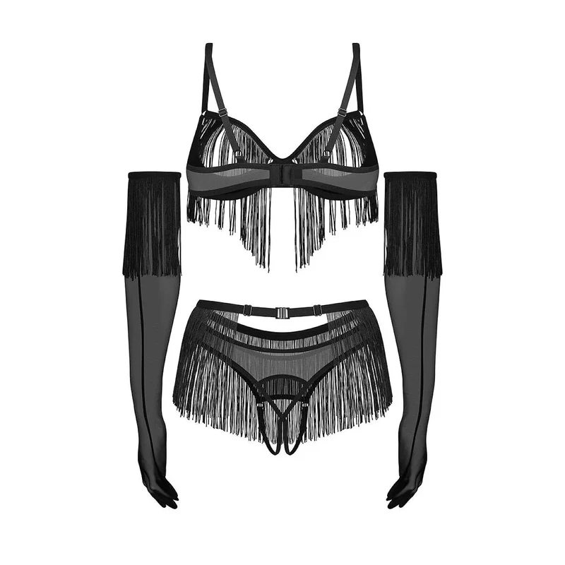 Ensemble lingerie sensuelle Rossay soutien-gorge ouvert string crotchless gants longs