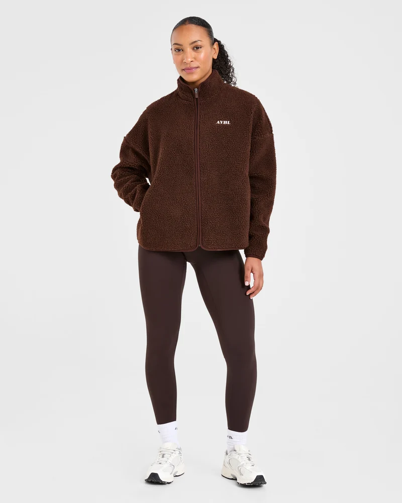 Oversized Zip Up Fleece Jacket - Marron