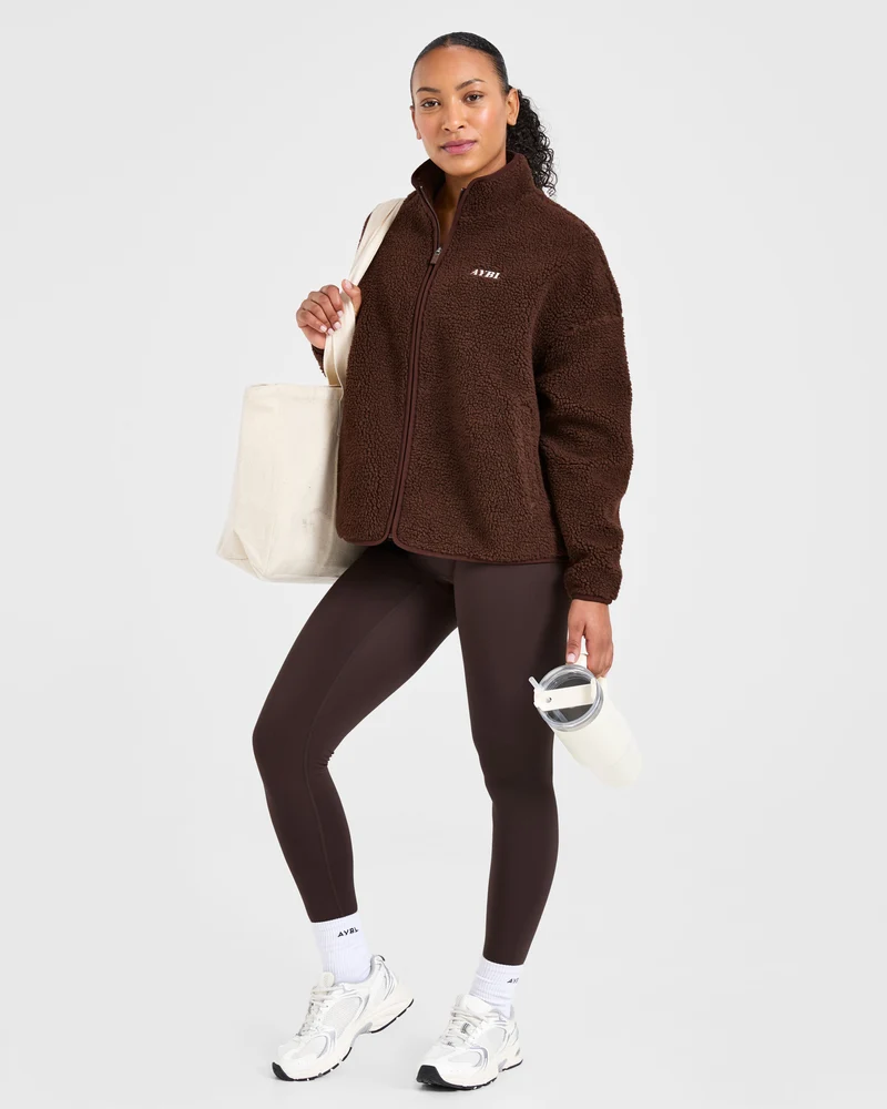 Oversized Zip Up Fleece Jacket - Marron