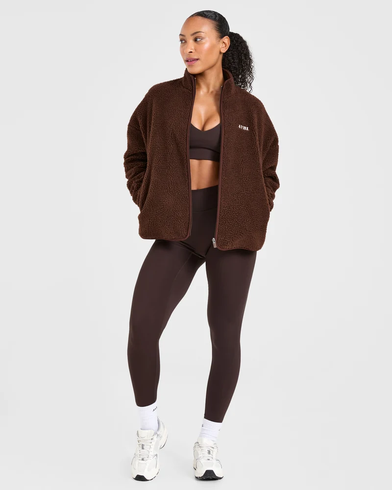 Oversized Zip Up Fleece Jacket - Marron