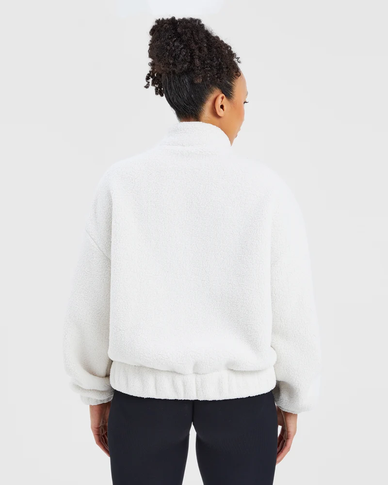 Varsity Oversized Fleece Zip Up Jacket - Cream/White