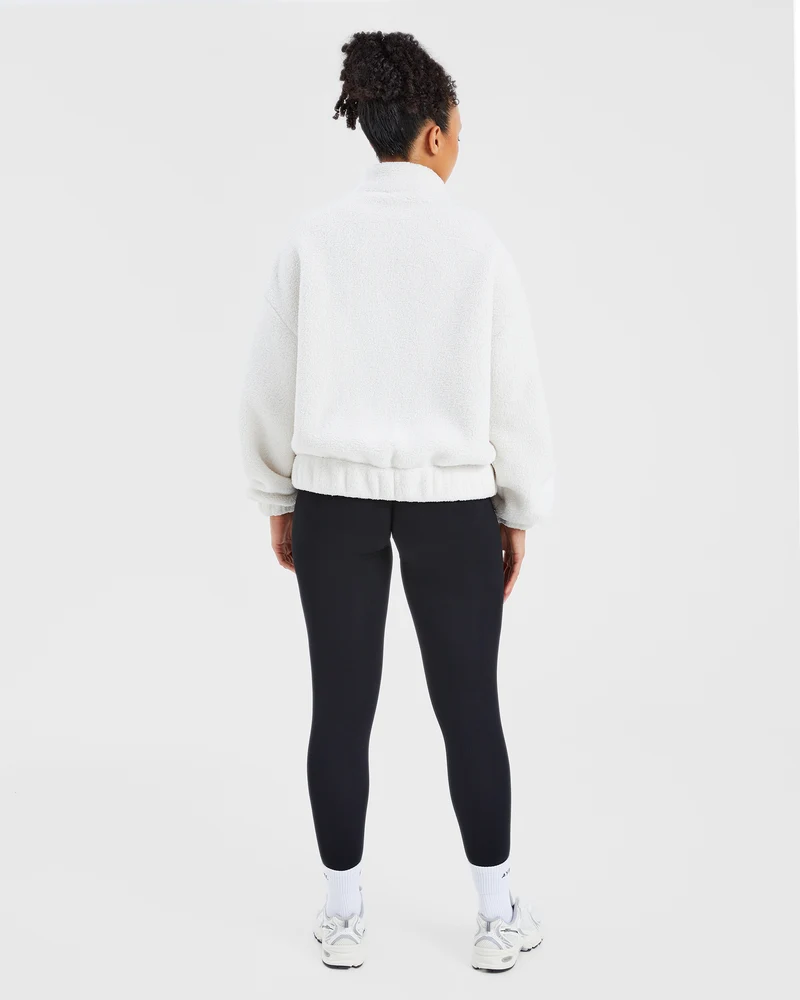 Varsity Oversized Fleece Zip Up Jacket - Cream/White