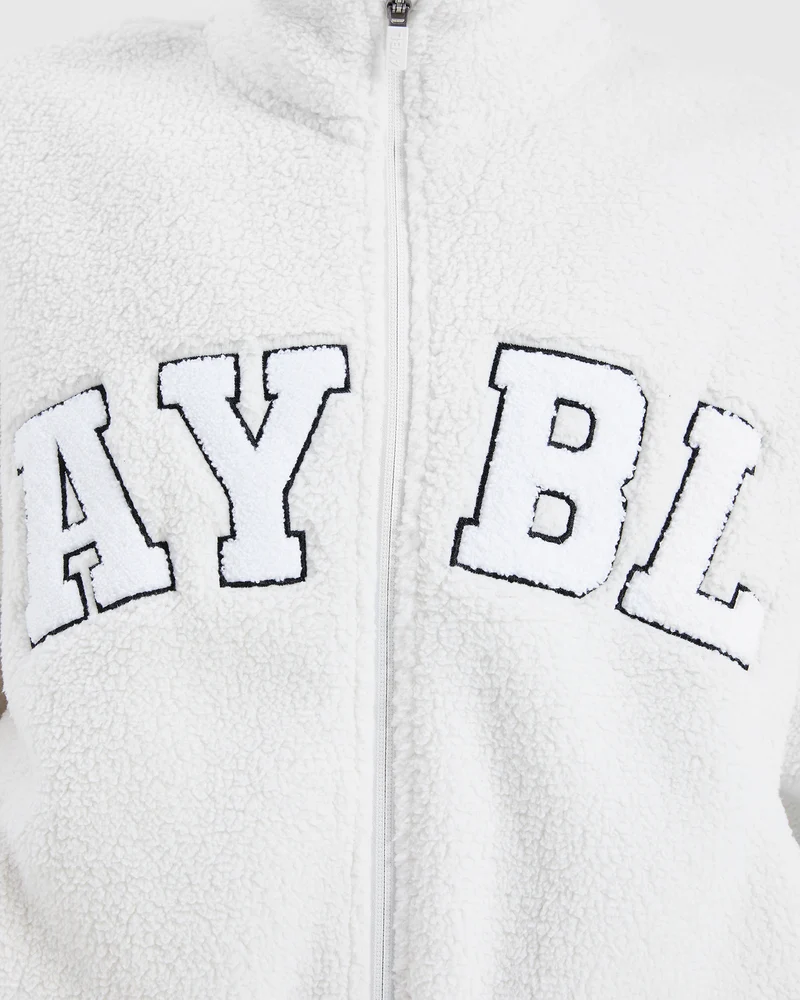 Varsity Oversized Fleece Zip Up Jacket - Cream/White