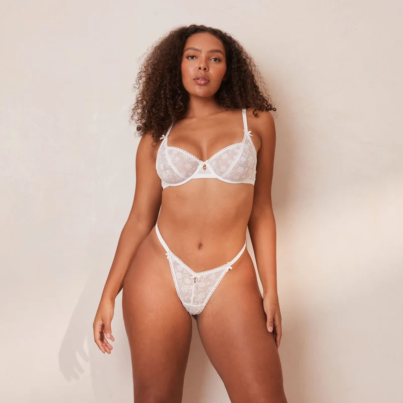 Flocked Floral Balcony Soutien-Gorge - Blanc