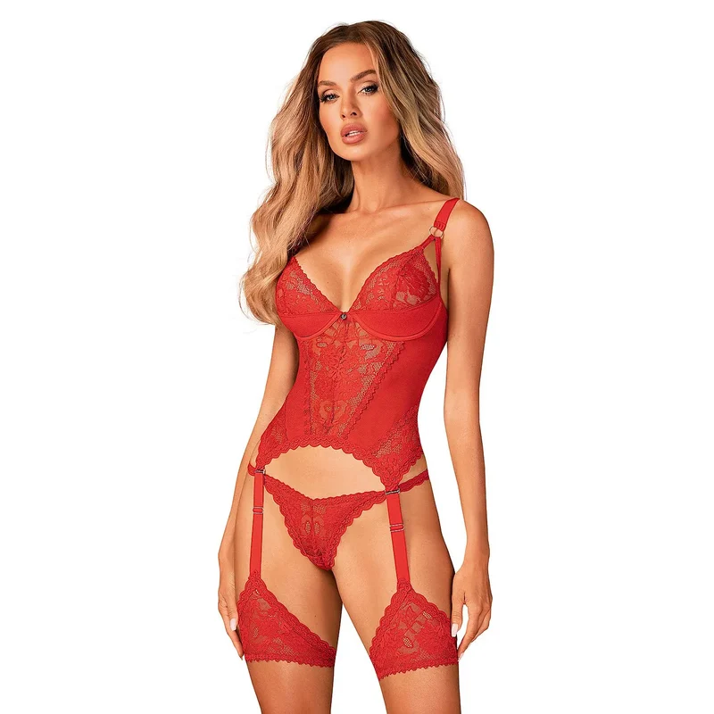 Corset sexy rouge dentelle jarretières détachables Belovya model 174572 Obsessive