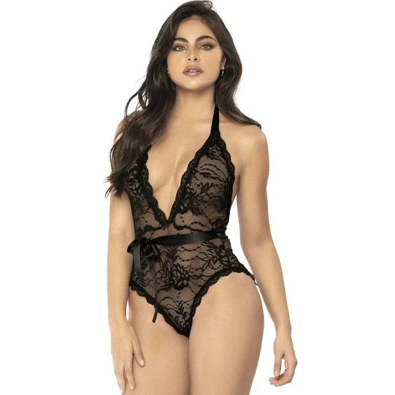 Body noir satin dentelle florale ruban dos ouvert nylon élasthanne extensible doux coupe flatteuse féminité sensualité soirée élégance collection Mapalé