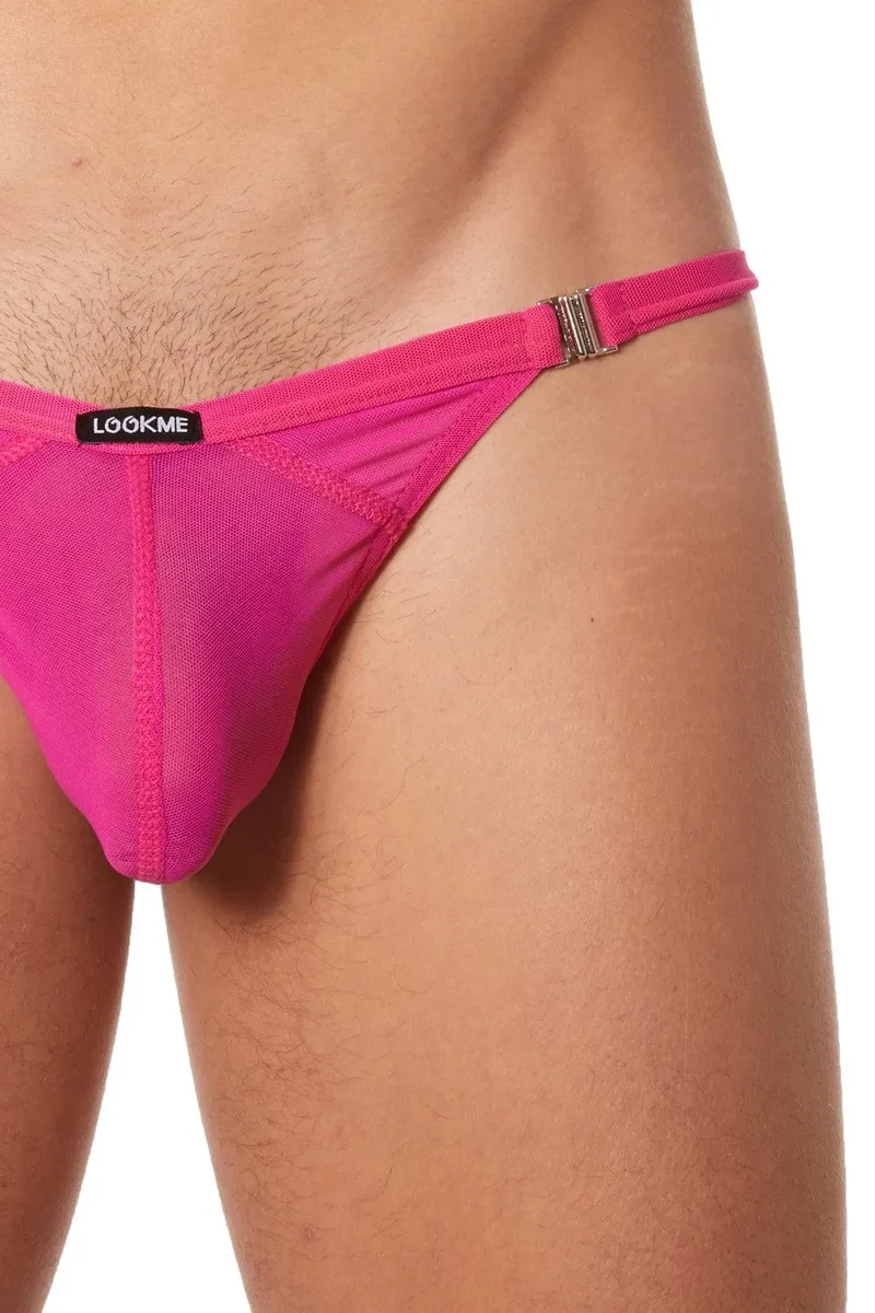 string homme rose fine résille transparente trois bandes verticales opaques côtés détachables confortable polyamide élasthanne sexy