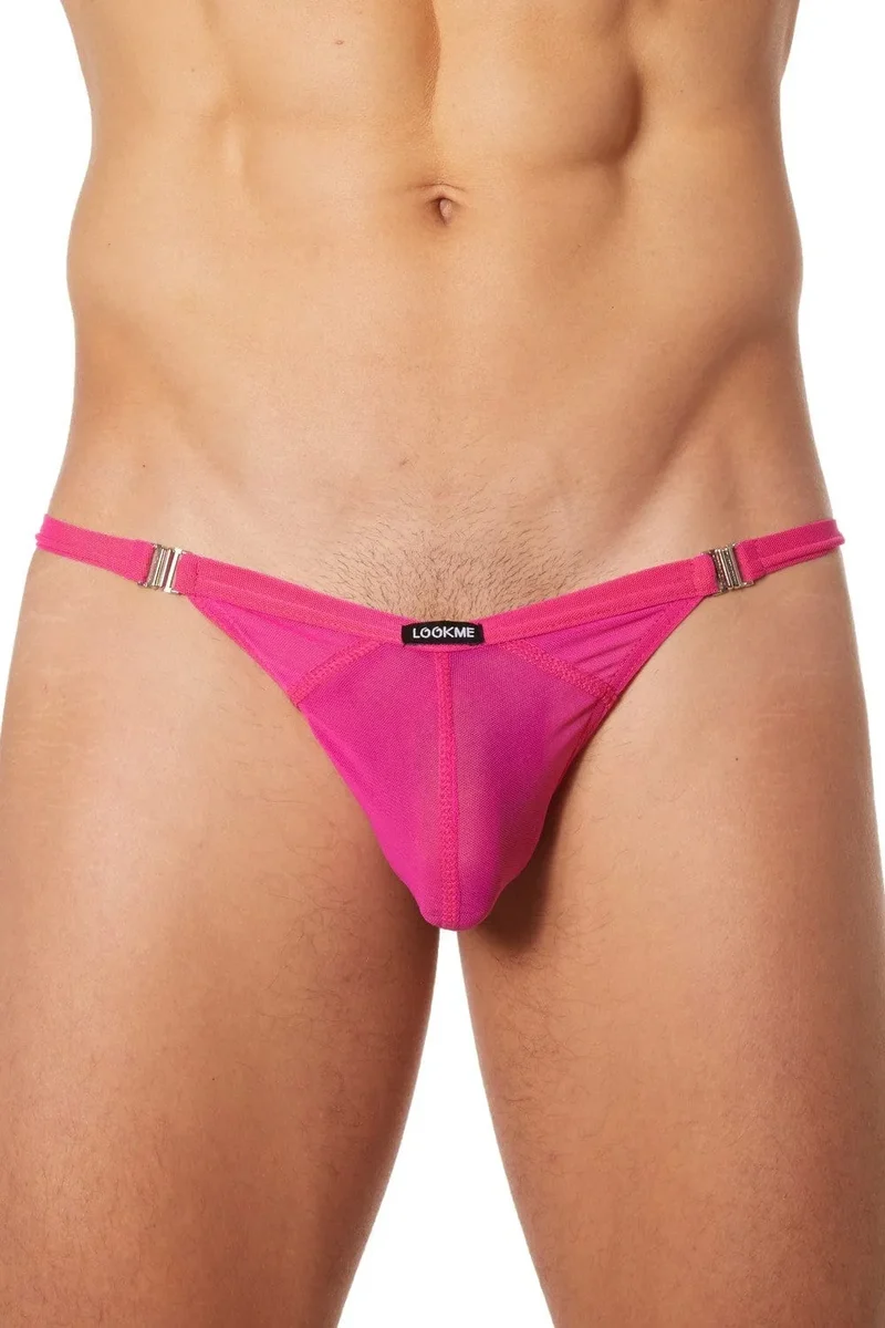 string homme rose fine résille transparente trois bandes verticales opaques côtés détachables confortable polyamide élasthanne sexy