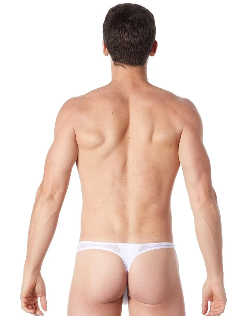 String homme blanc sexy confortable doux résille latérale fine coupe échancrée matière polyester elasthanne extensible maintien discret séduisant
