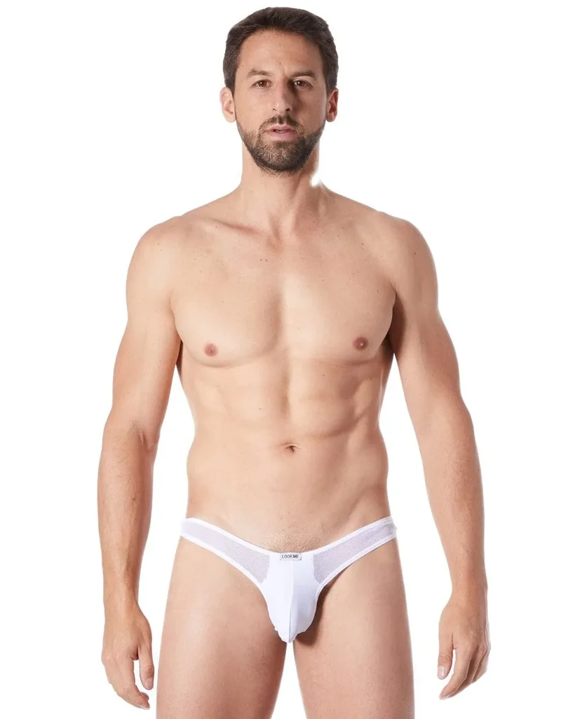 String homme blanc sexy confortable doux résille latérale fine coupe échancrée matière polyester elasthanne extensible maintien discret séduisant