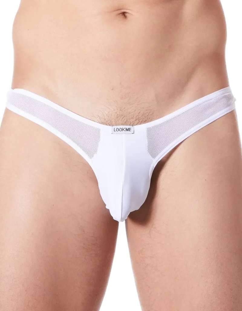 String homme blanc sexy confortable doux résille latérale fine coupe échancrée matière polyester elasthanne extensible maintien discret séduisant