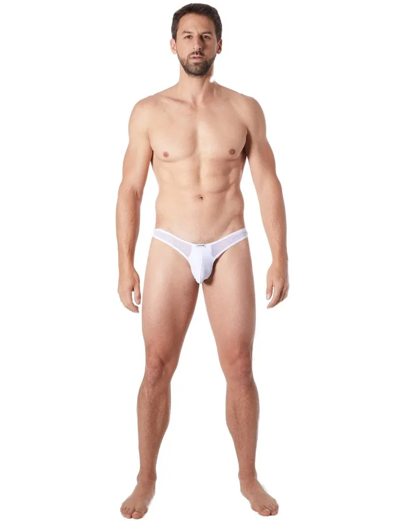 String homme blanc sexy confortable doux résille latérale fine coupe échancrée matière polyester elasthanne extensible maintien discret séduisant
