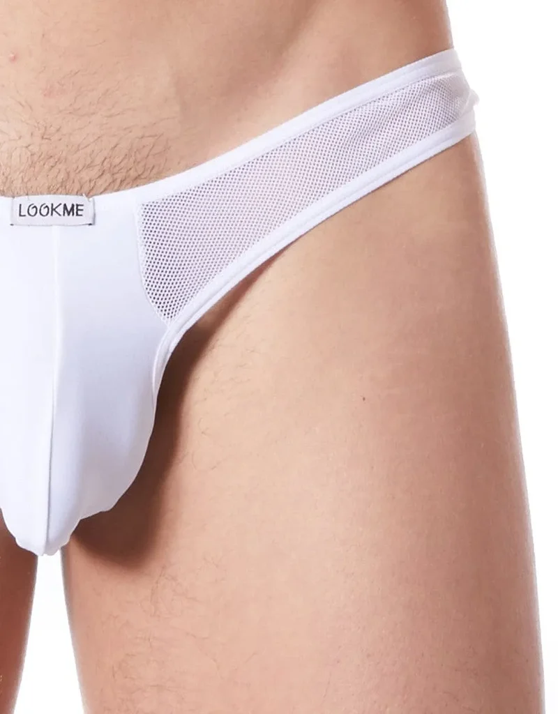String homme blanc sexy confortable doux résille latérale fine coupe échancrée matière polyester elasthanne extensible maintien discret séduisant