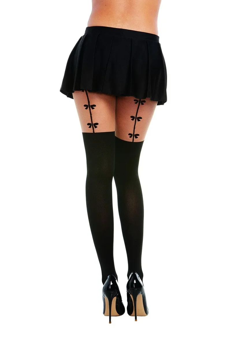 collant effetportejarretelles noir opaque fantaisie dessin hautcuisses délicat glamour élégant confortable extensible polyester nylon élasthanne soirée quotidien
