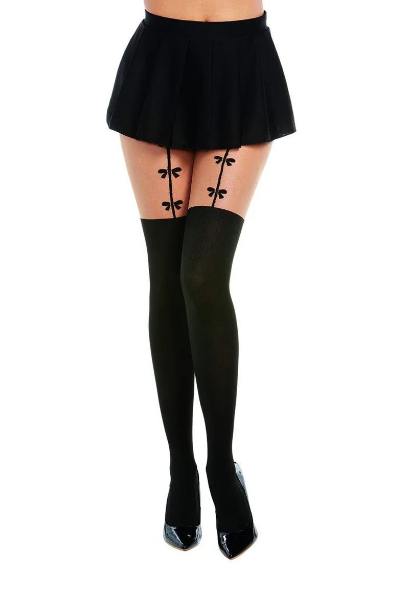 collant effetportejarretelles noir opaque fantaisie dessin hautcuisses délicat glamour élégant confortable extensible polyester nylon élasthanne soirée quotidien