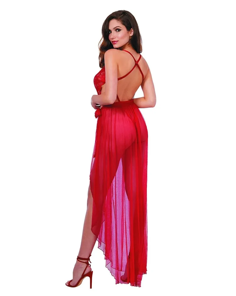Justaucorps résille rouge dentelle haute qualité sexy femme ronde échancré hanches dos quasi nu bretelles réglables jupe amovible maille transparente