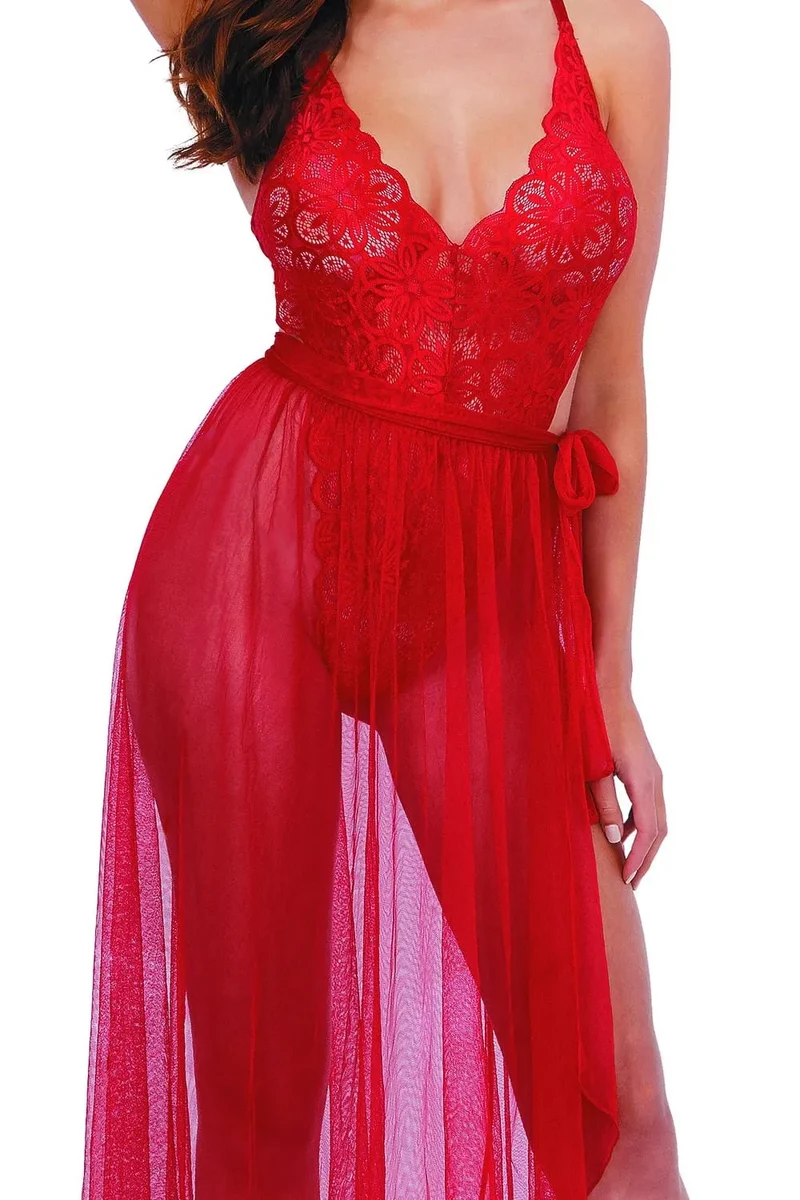 Justaucorps résille rouge dentelle haute qualité sexy femme ronde échancré hanches dos quasi nu bretelles réglables jupe amovible maille transparente